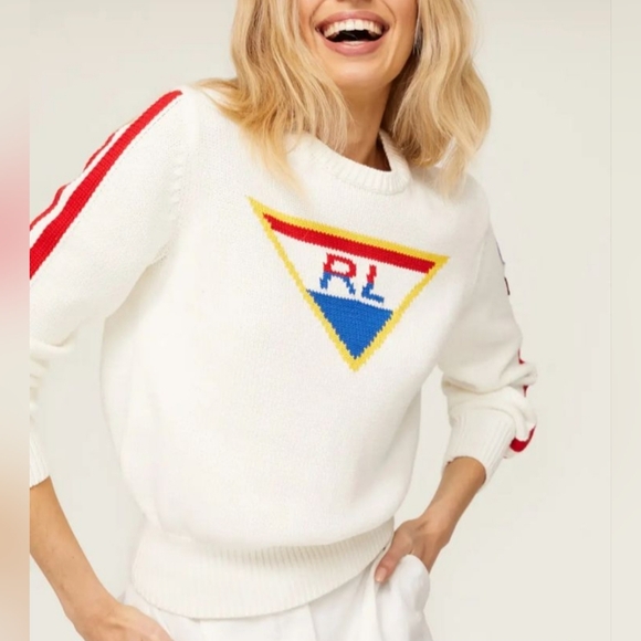 $268 Ralph Lauren Ski Logo Graphic Cotton Sweater Women's M Patch 1967 Downhill - Picture 1 of 13